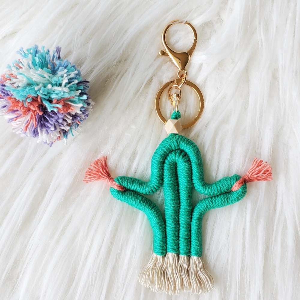 Handmade macrame cactus keychain
